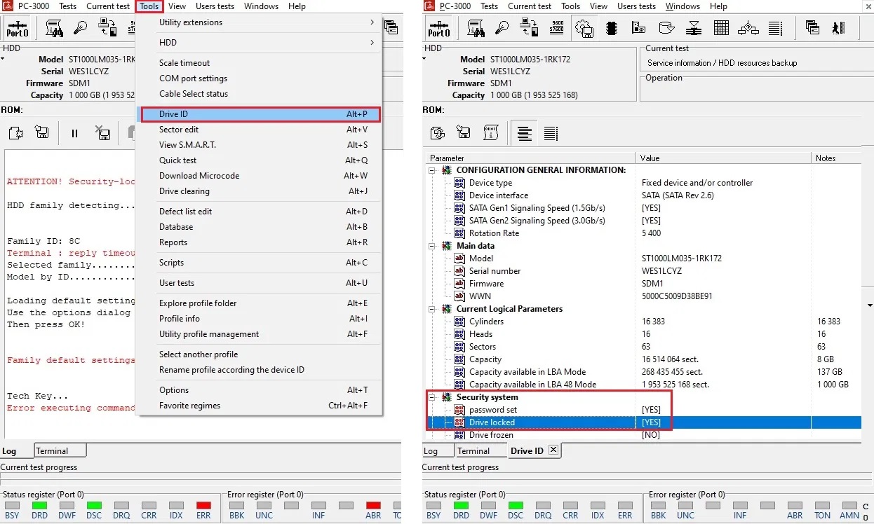 使用PC-3000重置Seagate F3硬盘上自加密或用户加密的密码处理过程